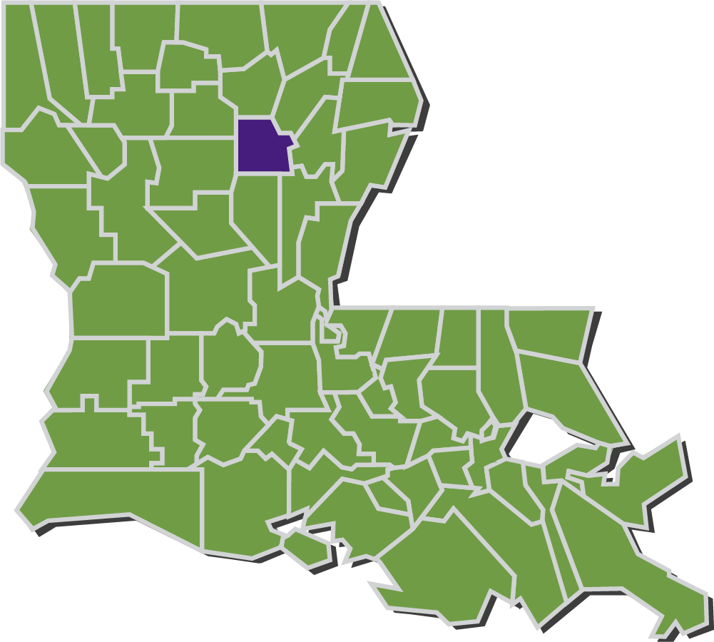 Map of Louisiana parishes with Caldwell parish highlighted in purple.